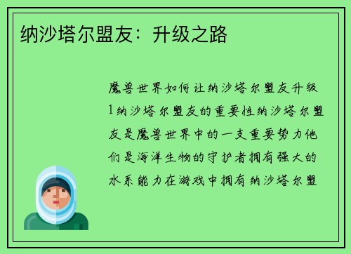 纳沙塔尔盟友：升级之路