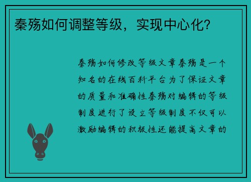 秦殇如何调整等级，实现中心化？