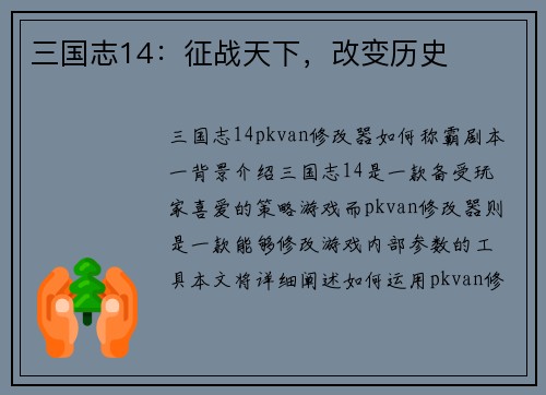 三国志14：征战天下，改变历史